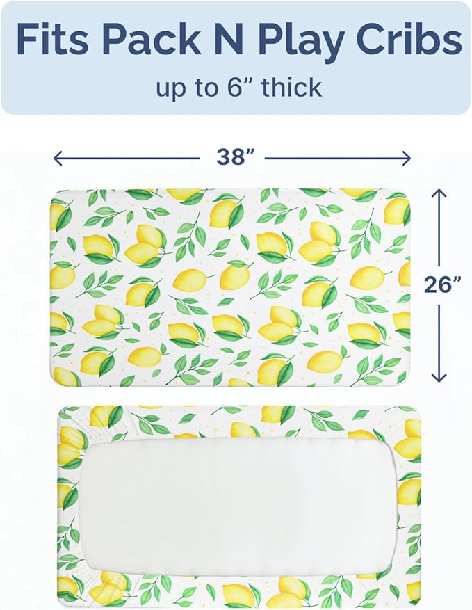 Pack and Play Sheets Fitted - 2 Pack Mini Crib Sheets for Pack N Play Mattress - Unisex Playard Microfiber Bedding for Boys & Girls - Soft, Breathable and Wrinkle Free - Oeko-Tex, 38 x 26in - Lemons