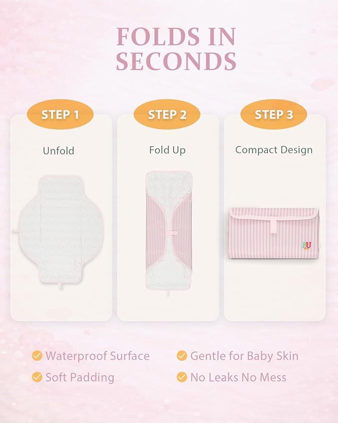PZU Portable Diaper Changing Pad - Waterproof Travel Changing Mat with Built-in Pillow, Gifts for Baby Shower, Newborn Girls & Boys（Pink Stripes）