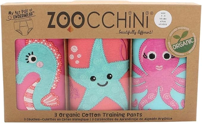 ZOOCCHINI Toddler 3-Pack Potty Training Pants - Soft Organic Cotton Underwear with Absorbent Padding and Fun Designs, Ocean Gals, 3-4 Years