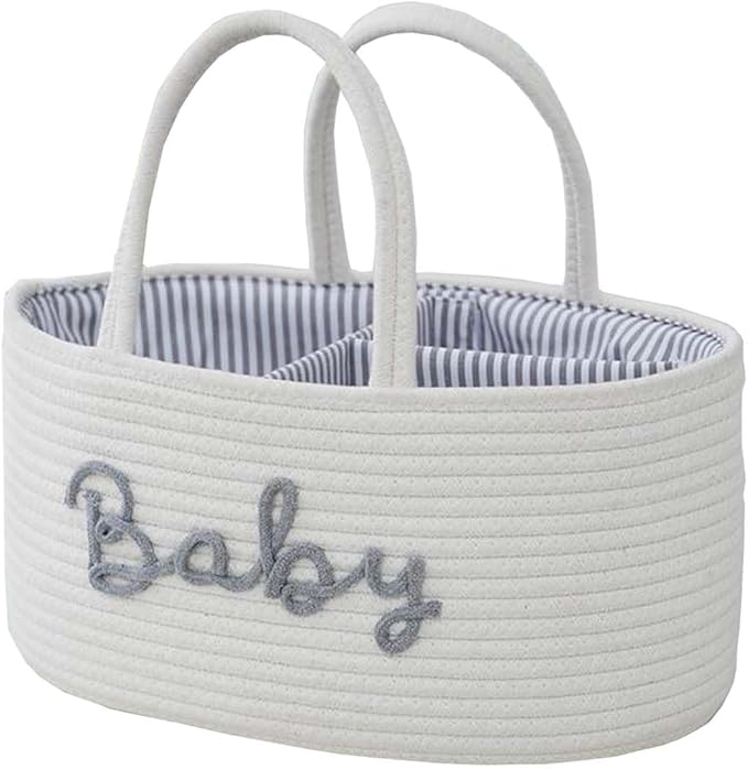 Diaper Caddy Organizer for Changing Table, Cotton Rope Baby Storage Basket for Diaper Wipes, Car Caddy Organizer, Nursery Diaper Organizer With Divider, Portable Diaper Storage -White
