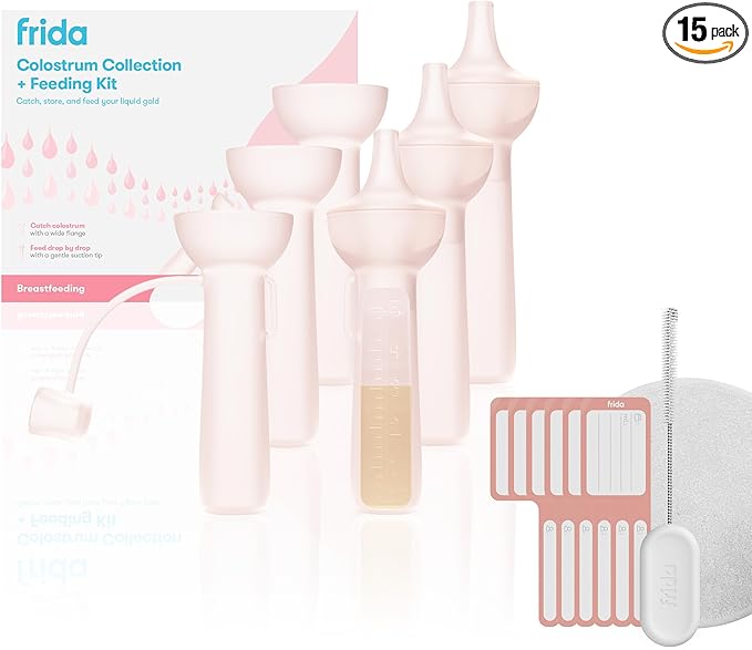Frida Mom Colostrum Collection Kit, Catch, Store & Feed Breastmilk, Includes 6 Colostrum Collectors, 6 Labels, Cleaning Brush, Cloth & Case, Hospital Bag Ready, Safe Materials, 15pc kit
