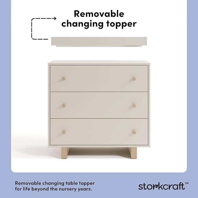 Storkcraft Texas 3 Drawer Chest with Removable Changing Table Topper (Frosted Oat/Driftwood) – GREENGUARD Gold Certified Baby Dresser, Interlocking Drawer System for Nursery & Kids’ Bedroom Dresser