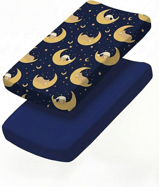 Changing Pad Cover - Pack of 2 Soft Unisex Diaper Change Microfiber Table Sheets - Fits 32"x16" Contoured Pad - Changing Pad Cover for Baby Boys & Girls - Snug, Machine Washable - Oeko-Tex, Moon Bear