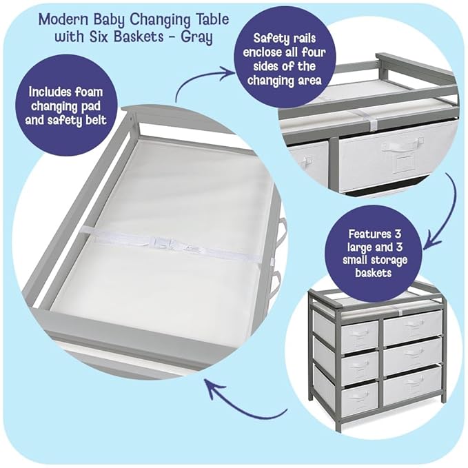 Badger Basket Modern Baby Changing Table - Diaper Station Organizer with 6 Storage Drawers, Reversible Baskets, Safety Rails - Baby Nursery Furniture with Changing Pad and Belt - Gray