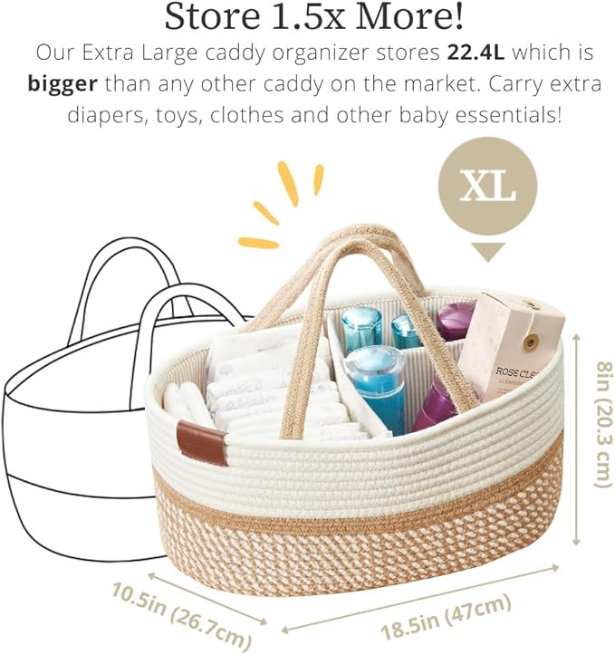 DECOMOMO XL Baby Caddy Organizer, Mother's Day Diaper Caddy Basket, Baskets for Baby Shower Gifts (Spiral Beige & White, Extra Large)