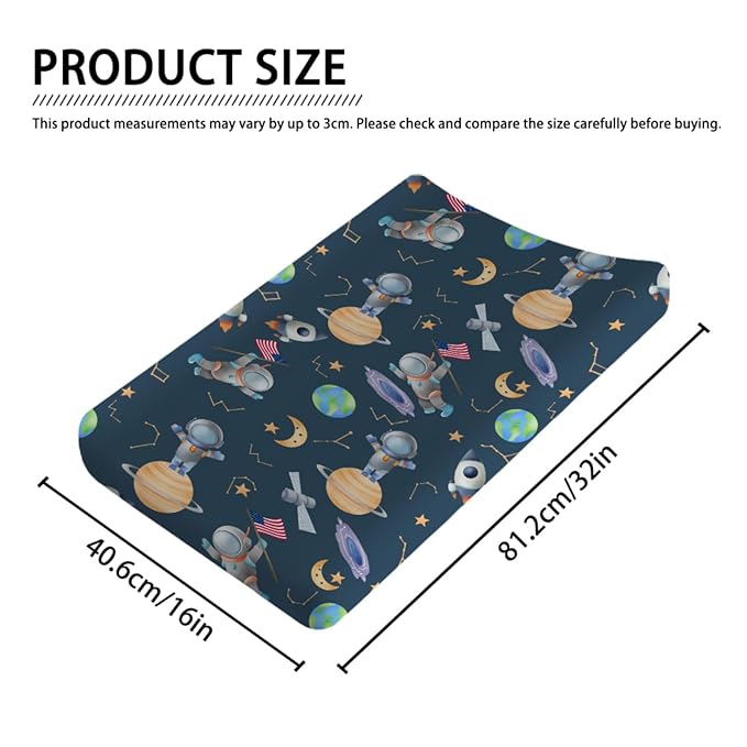 Cartoon Outer Space Galaxy Ship Astronaut Changing Pad Covers Cute Spaceman Moon Stars Changing Table Sheets for Boy Girl Soft Stretchy Snug Fitted Diaper Change Table Pad Covers Mats 32''x16''