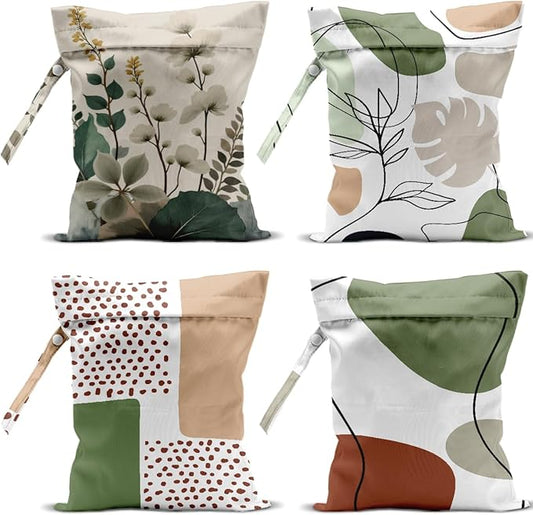 4 Pack Boho Green Abstract Botanical Wet Bag Waterproof Washable Reusable Wet Dry Bag for Swimsuit Dirty Clothes Diaper Travel Beach Pool Gym Birthday Toiletries Beach Essentials，Modern Nordic Style