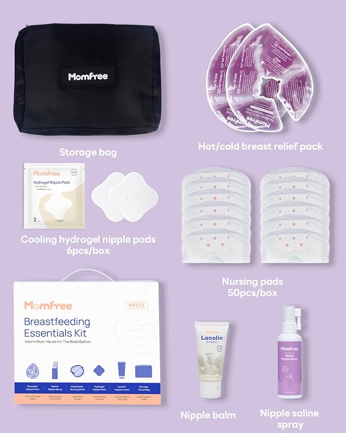 Breastfeeding Essentials Kit for Nursing Moms Nipple Relief, 60 Piece Gift Set with Reusable Hot and Cold Breast Therapy Packs/Hydrogel Nipple Pads/Lanolin cream/Disposable Nursing Pads/Saline Spray