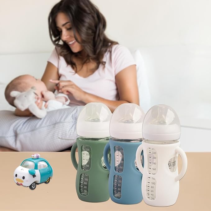 3 Pack Silicone Sleeves for Avent Natural Glass Baby Bottles, Anti Breakage Baby Bottle Holder, Compatible with Philips Avent Glass Natural Baby Bottle (Dark Blue+Dark Green+White, 8 OZ)