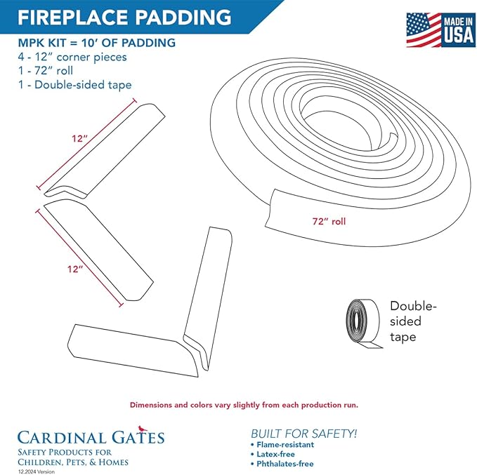 Cardinal Gates MPK Medium Hearth Pad Kit - Fireplace Baby Proofing - Adhesive Backed Fireplace Bumpers for Babies - 10 Feet of Padding with 1 Straight Piece & 2 Corners - Made in The USA - Taupe