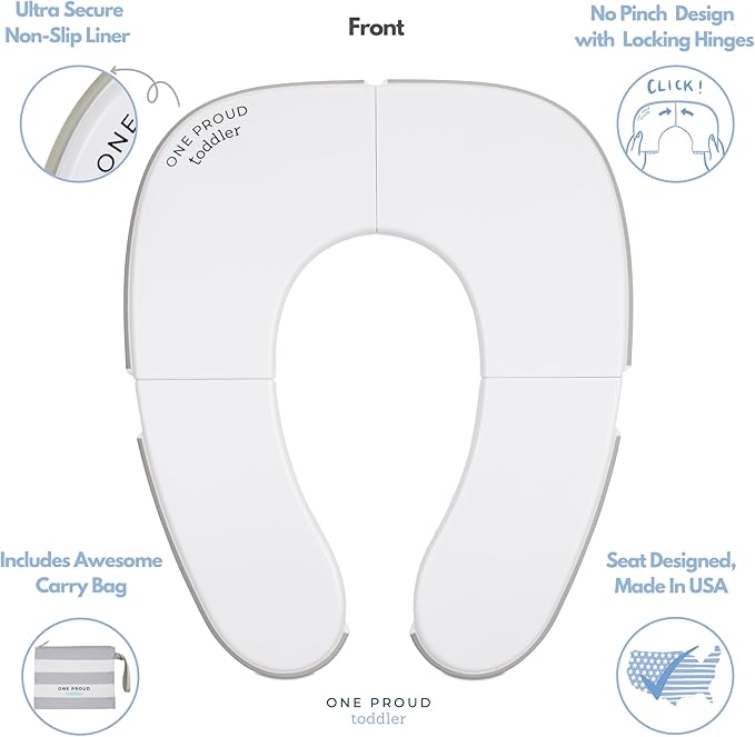 One Proud Toddler Premium Travel Potty Seat – Compact, Non-Slip, Made in USA Seat, No-Pinch Locking Hinges, Easy to Clean, Includes Machine-Washable Carry Bag