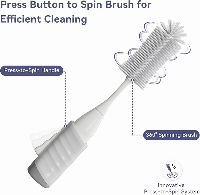 Baby Bottle Brush Set, Innovative Efficient Press-to-Spin Brush Cleaner - Includes Silicone Bottle Brush, Nipple Brush, Straw Cleaner - Spinning Generates Rich Foam for Deep Cleaning, Gray