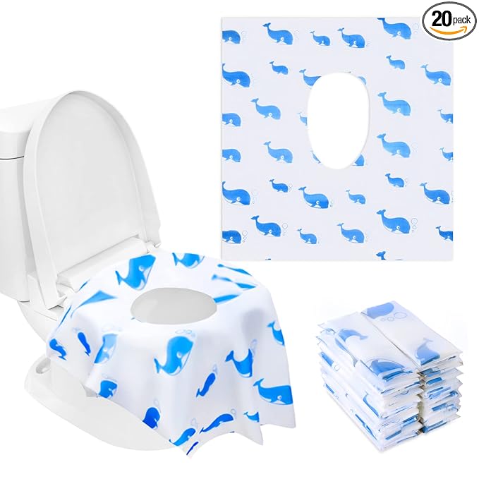 20 Pack Toilet Seat Covers Disposable, Extra Large Disposable Toilet Seat Covers for Adults, Individually Wrapped Potty Training Liners with Non-Slip Adhesives for Kids in Home, Restrooms&Travel -Blue