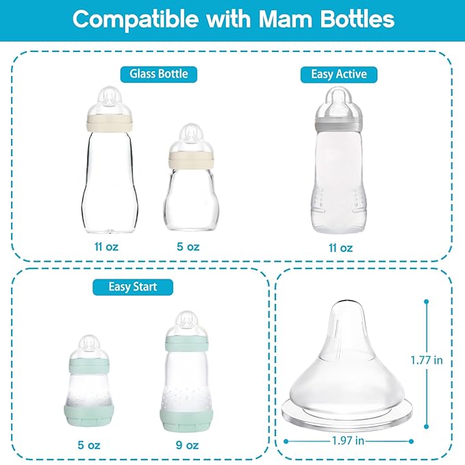 Silicone Bottle Nipples Compatible with MAM Bottles, Replacement Soft Nipple for Baby 3+ Months, Anti-Colic, BPA-Free, Medium Flow, Size M, 6-Pack