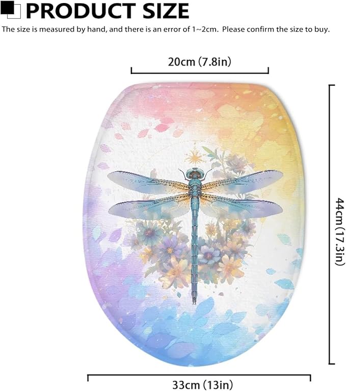 Dragonfly with Flower Toilet Cover Seat Flannel Fabric Bathroom Toilet Dust Covers Elastic Edges Stretch Washable Toilet Lid Covers for Bathroom Covers Stains, Stays Clean, Easy To Clean