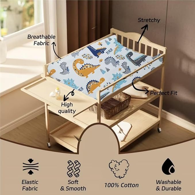 2 Pack Changing Pad Cover for Girls Boys, Ultra Soft Breathable Cotton, Baby Diaper Change Table Pad Covers (32"x16", Dinosaurs Car)