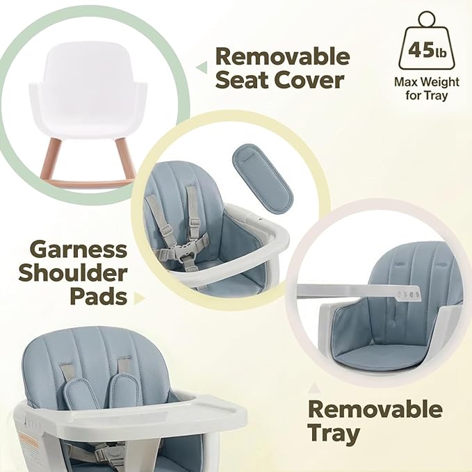 Mallify 3-in-1 Wooden High Chair, Convertible High Chairs for Babies and Toddlers, Baby Highchair with Adjustable Legs & Dishwasher-Safe Tray, Sleek Hardwood & Premium PU Cushion, Blue