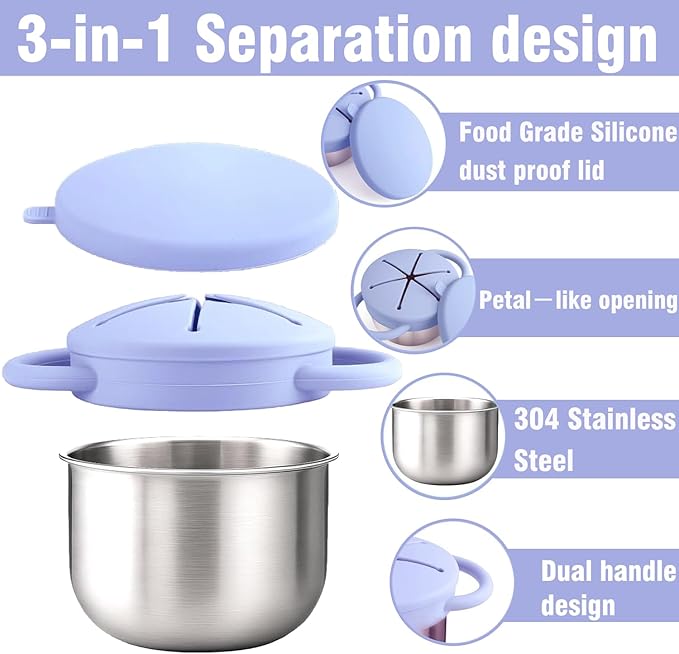 Stainless Steel Snack Containers for Toddlers with Spill-Proof Silicone Lids & Handles - 3-in-1 Baby Snack Cups, No-Spill Toddler Snack Box, Perfect for On-the-Go Healthy Eating - 2pack