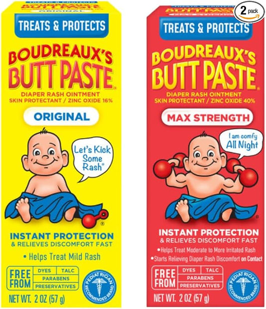 Boudreaux’s Butt Paste Diaper Rash Ointment, Baby Rash Cream Skin Protectant, Fast Relief, Soothing Barrier Cream, Original, Maximum Strength, 2 Ounce Tube (Variety Pack of 2)