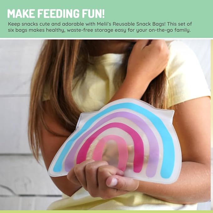 melii Shaped Reusable Snack Bags. Pack of 6 Leakproof Bags for Sandwiches, Snacks, Food Storage and More - Unicorn, Flower, Rainbow