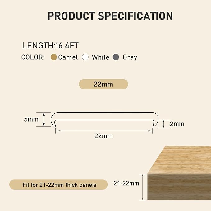 16.4ft U-Shape Edge Banding, HeiPen Self Adhesive Rubber Edge Trim, TPE Flexible Furniture Edge Protector for Wood Veneer Cabinet Repair Furniture Restoration (22mm, Camel, 1)