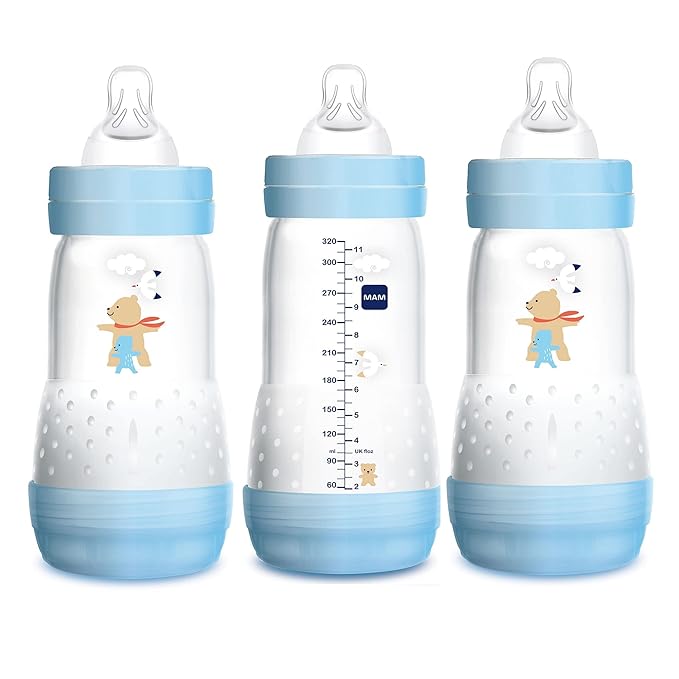 MAM Easy Start Anti Colic Baby Bottle - Switch Between Breast & Bottle, Reduces Air Bubbles, 3 Pack Newborn Bottle, 9 oz (3-Count), Baby Essentials