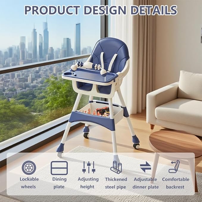 Portable High Chair,High Chairs for Babies and Toddlers,Multi-Use Easy Clean Baby High Chair with Lock Wheels, Comfortable Feeding and Place The Toy Storage Basket uuu