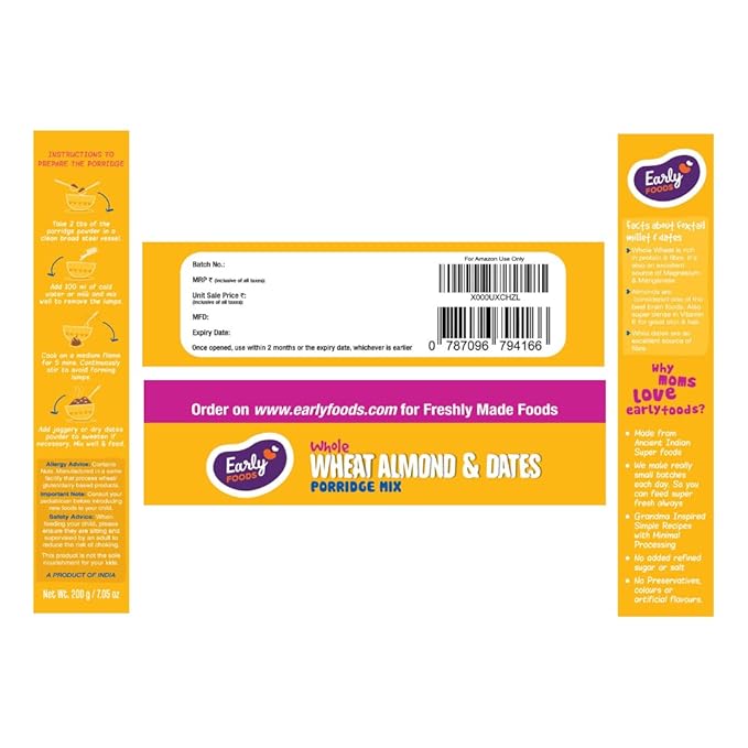 Early Foods - Organic Instant Wheat, Almond & Date Porridge Mix 200g - Indian Baby Foods, Vegan Baby Food, 100% Plant Based