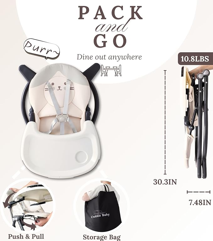 CuddoBaby Purrfect High Chair for Babies & Toddlers, Foldable Highchair with Weld-in-One Stable Base, 5-Point Harness, Large Adjustable Tray, Storage Bag, Waterproof PU Leather, Unisex - Friends