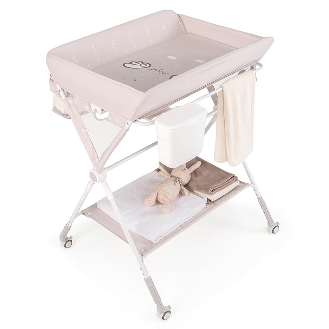 HONEY JOY Changing Table, Folding Mobile Nursery Organizer w/Wheels, Adjustable Height, Storage Bag & Open Shelf, Portable Diaper Changing Station for Newborn Infant (Beige, 32"x26"x39.5")