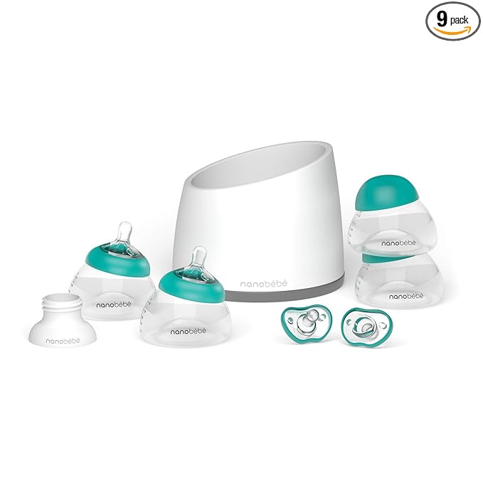 Nanobebe Breastmilk Baby Bottle Anti-Colic Starter Set with Silicone Pacifiers, Breast Pump Adapter, and Slow Flow Nipples - 5 oz - Teal/Grey