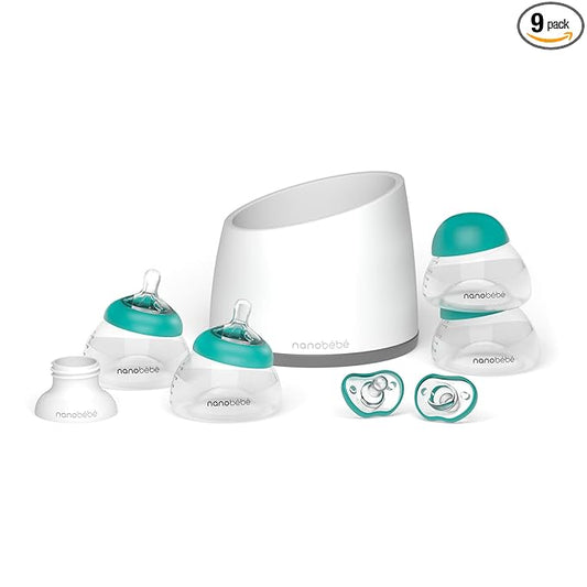Nanobebe Breastmilk Baby Bottle Anti-Colic Starter Set with Silicone Pacifiers, Breast Pump Adapter, and Slow Flow Nipples - 5 oz - Teal/Grey