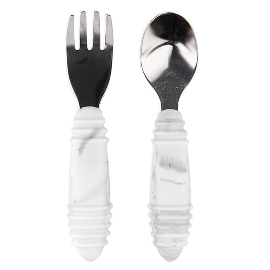 Bumkins Toddler Utensils, Kids Size Fork and Spoon Set, Silicone and Stainless-Steel Training Silverware, Angled Forks / Sporks for Self-Feeding, Children Hold Learning to Eat, 18 Months Up, Marble