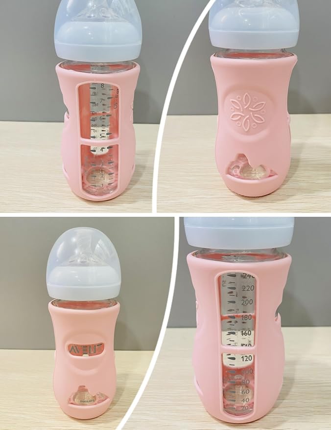 4 Pack Silicone Sleeves for Avent Natural Glass Baby Bottles, Anti Breakage Baby Bottle Holder, Compatible with Philips Avent Glass Natural Baby Bottle, BPA Free (Pink White, 8 OZ)