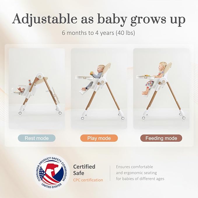 Mallify Foldable High Chairs for Babies and Toddlers, 3-in-1 Convertible Baby High Chair with Removable Soft Cushion and Tray, Adjustable Height & Recline, Lockable Wheels, Cream