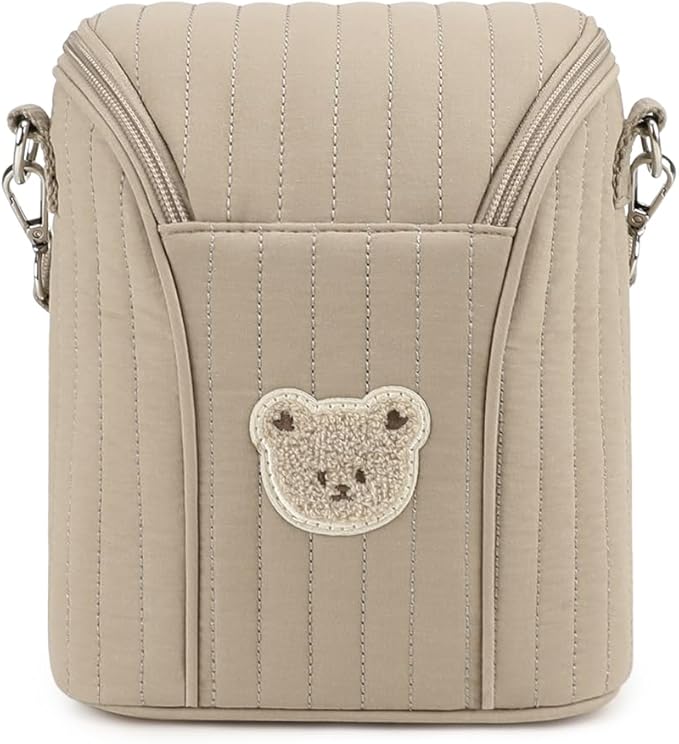 Lmbabter Embroidered Bear Stroller Organizer Tote Bag, Bottle Insulation Pouch, Portable Cooler Storage Essential for Milk/Breast Pump,Baby Travel Supplies (Brown)