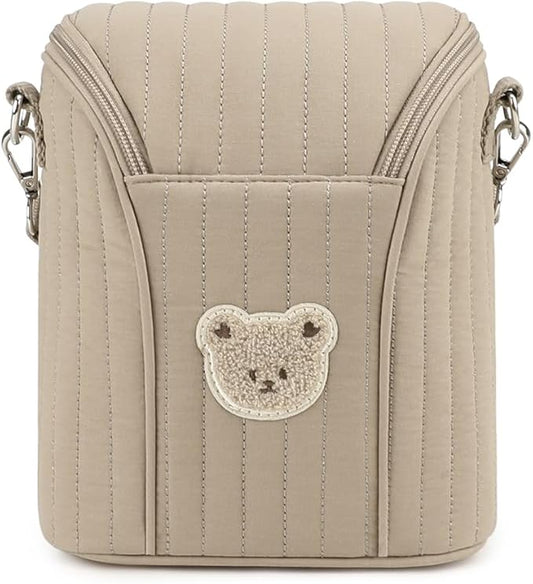 Lmbabter Embroidered Bear Stroller Organizer Tote Bag, Bottle Insulation Pouch, Portable Cooler Storage Essential for Milk/Breast Pump,Baby Travel Supplies (Brown)