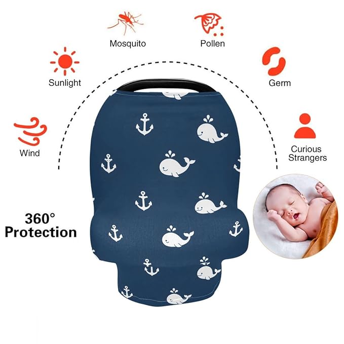 Nursing Cover Breastfeeding Soft Carseat Canopy Whales Blue Background Multi Use for Baby Car Seat Covers Canopy Shopping Cart Cover Scarf Light Blanket Stroller Cover