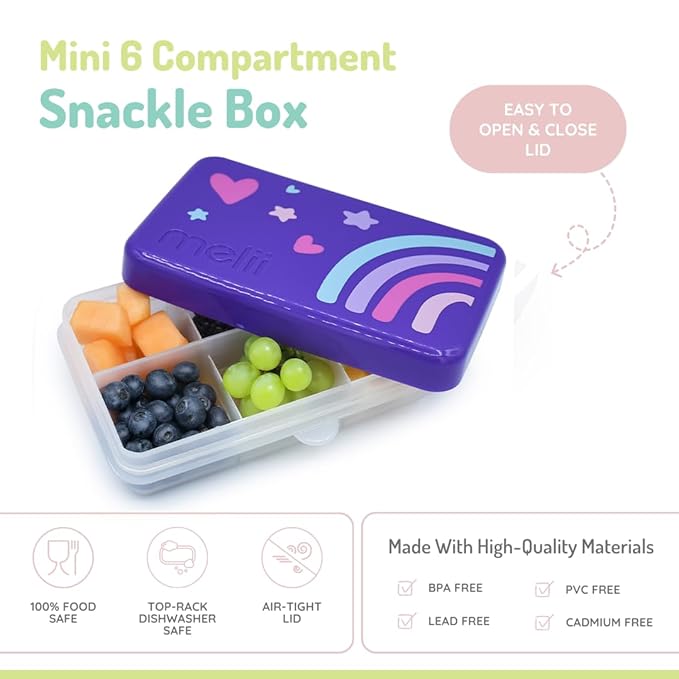 melii Snackle Box | 6-Compartment Divided Snack Container, BPA-Free Food Storage with Removable Dividers for School, Travel & On-the-Go Snacking (Rainbow)