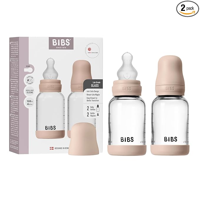 BIBS Glass Baby Bottles 2-Pack, 4 Oz. Anti-Colic System for Gas Reduction. Vented Round Silicone Nipple. Supports Infant and Newborn Breastfeeding - 120 ml (Pack of 2), Blush