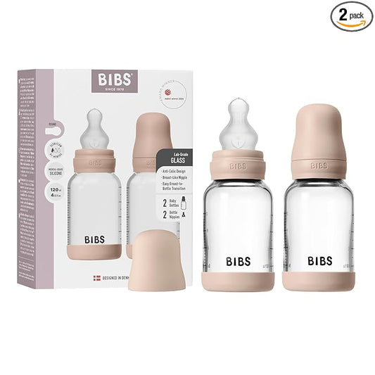 BIBS Glass Baby Bottles 2-Pack, 4 Oz. Anti-Colic System for Gas Reduction. Vented Round Silicone Nipple. Supports Infant and Newborn Breastfeeding - 120 ml (Pack of 2), Blush