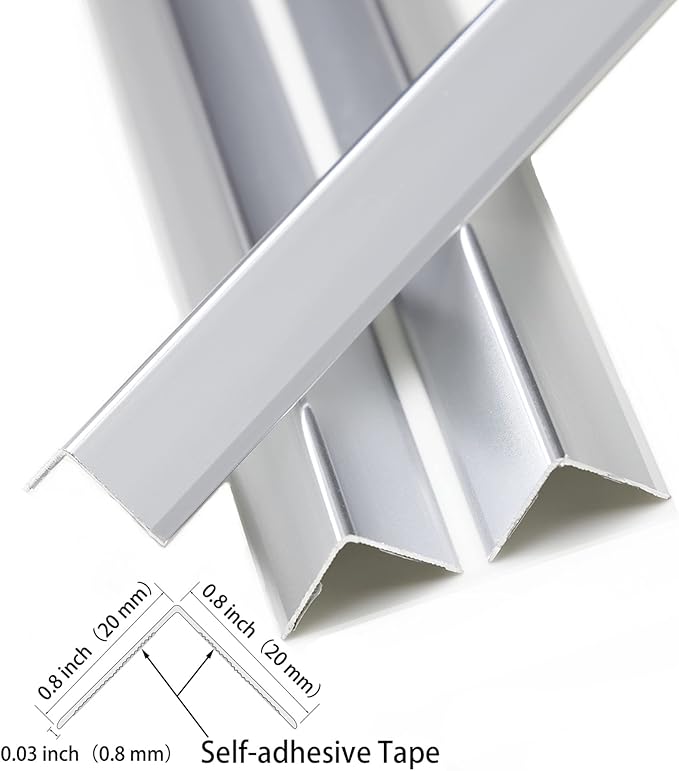 Trimold Matte Silver Aluminum Peel and Stick L Molding Corner Guards with 90° Angle for Wall Door Frame Cabinet Baseboard Protection and Decoration, 35.4in x 0.8in (3Pcs)