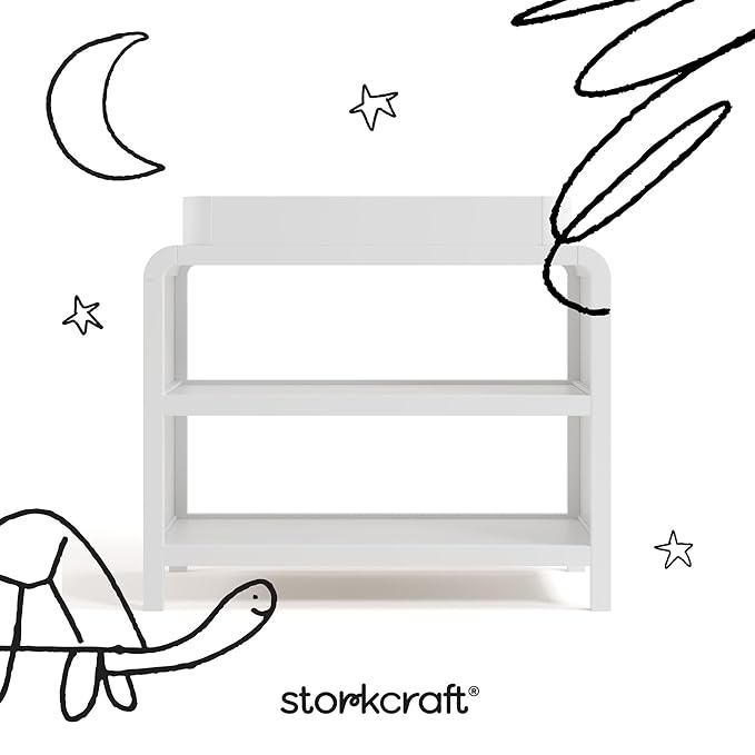 Storkcraft Santos Changing Table (White) – GREENGUARD Gold Certified Baby Changing Table, Solid Wood Construction, Removable Topper Fits Standard-Size Changing Pad