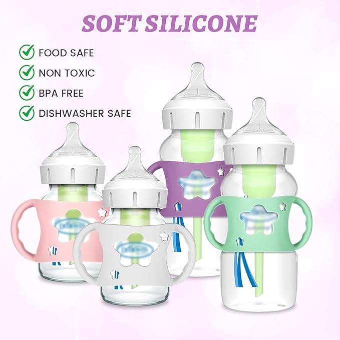 4 Pack Baby Bottle Holder for Dr Brown Wide-Neck Bottle with Easy Grip Handles Soft Silicone Star-Shaped Bottle Holder for Baby Self Feeding - BPA-Free (White Pink Purple Green)