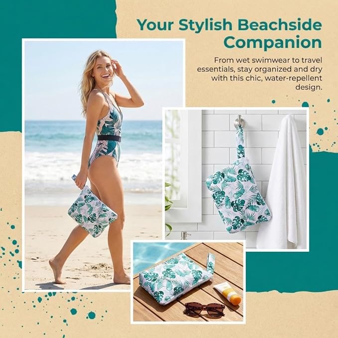 Waterproof Wet Bag with Wrist Strap, Reusable Zippered Pouch for Beach, Swim & Travel, Compact Cosmetic Toiletry Organizer Bag, 7.9 * 9.5 * 2 inches
