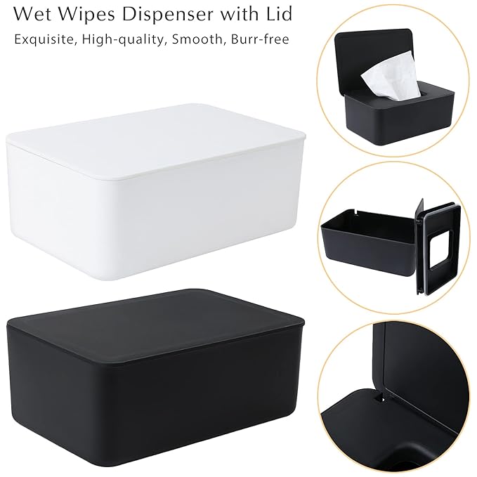 Wet Wipes Storage Box, 2 Pack Wipes Dispenser Holder Tissue Storage Boxes Case with Lid Diaper Wipes Dispenser Box Dustproof Napkin Container with Sealing Design (White, Black)