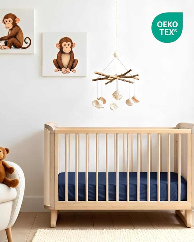 Pack and Play Sheets Fitted - 2 Pack Mini Crib Sheets for Pack N Play Mattress - Unisex Playard Microfiber Bedding for Boys & Girls - Breathable & Wrinkle Free - Oeko-Tex, 38 x 26in - Navy Baby Blue