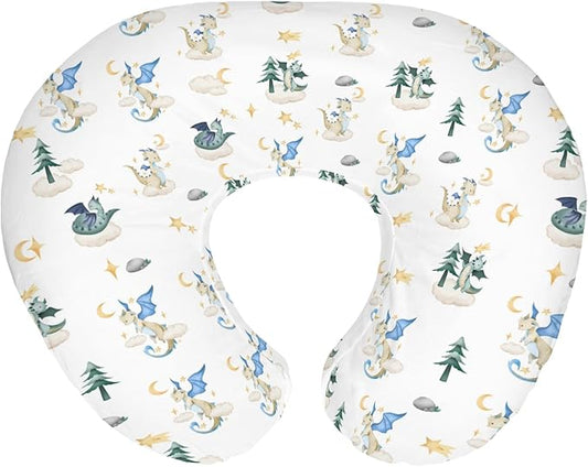 Fantasy Dragon Baby Nursing Pillow Covers for Boy Girl Fairytale Dragons Moon Stars Clouds Trees Nursery Pillowcase for Breastfeeding Pillows Myth Animal Soft Stretchy Slipcovers for Newborn Infant