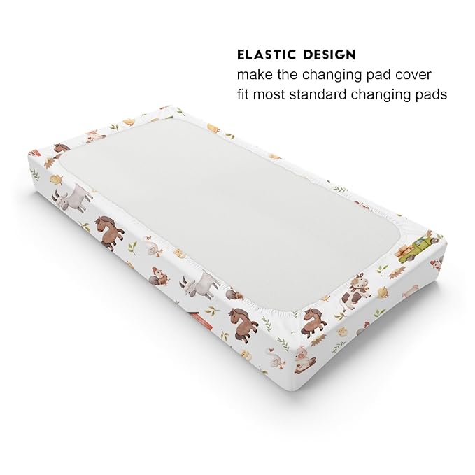 Baby Farm Life Changing Pad Cover for Boy Girl 32''x16'' Farm Animals Pig Goat Horse Cow Chick Rooster Duck Leaves Barn Truck Fitted Changing Pad Sheets Soft Breathable Diaper Change Table Mats