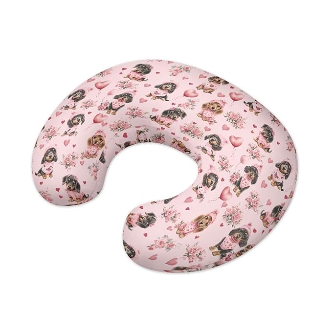 Jeiento Pink Love Heart Dachshund Dogs Nursing Pillow Covers Cute Cartoon Nursing Pillow Cover Slipcover Comfortable Pillowcase for Breastfeeding and Bottle Feeding